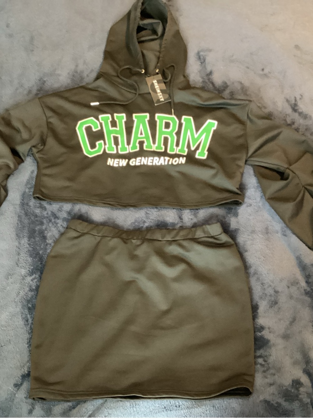 SHEIN Olive Green Two-Piece Skirt Set with Green Lettering